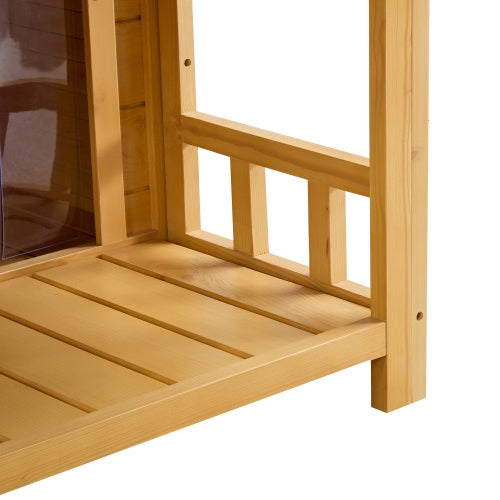 Dog House, Waterproof Dog Cage Kennel, Wooden Outdoor And Indoor Dog House, Raised Pet Kennel For Medium Dogs, Log Cabin Style With Porch,Elevated Floor,Asphalt Roof, 2 Doors, Pine Wood Natural
